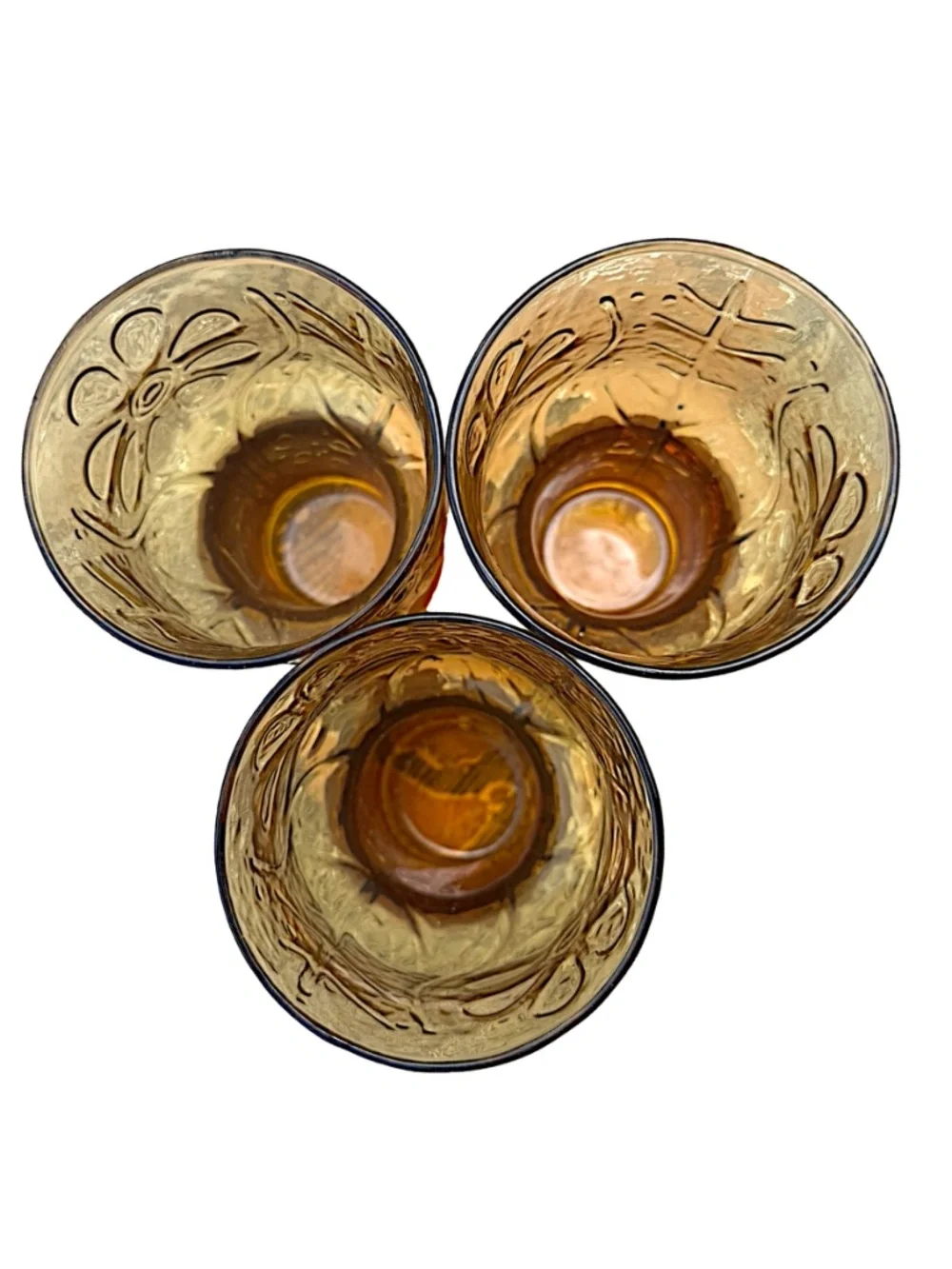 LIBBEY Vintage Amber Glass Tumbler 5” (set of 3) Country Garden Embossed Daisy